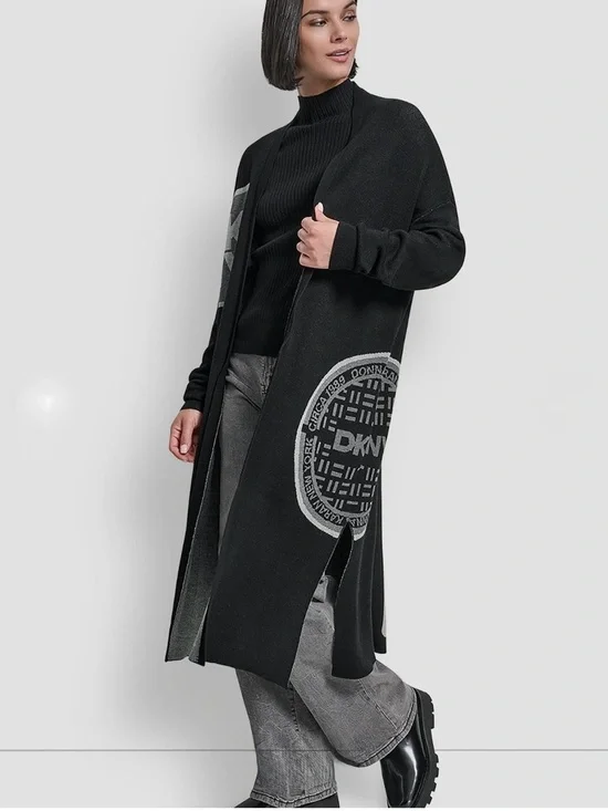 DKNY Black Oversized Patch Logo Cardigan Longline Duster Sweater Size M/L NWOT - Picture 8 of 10
